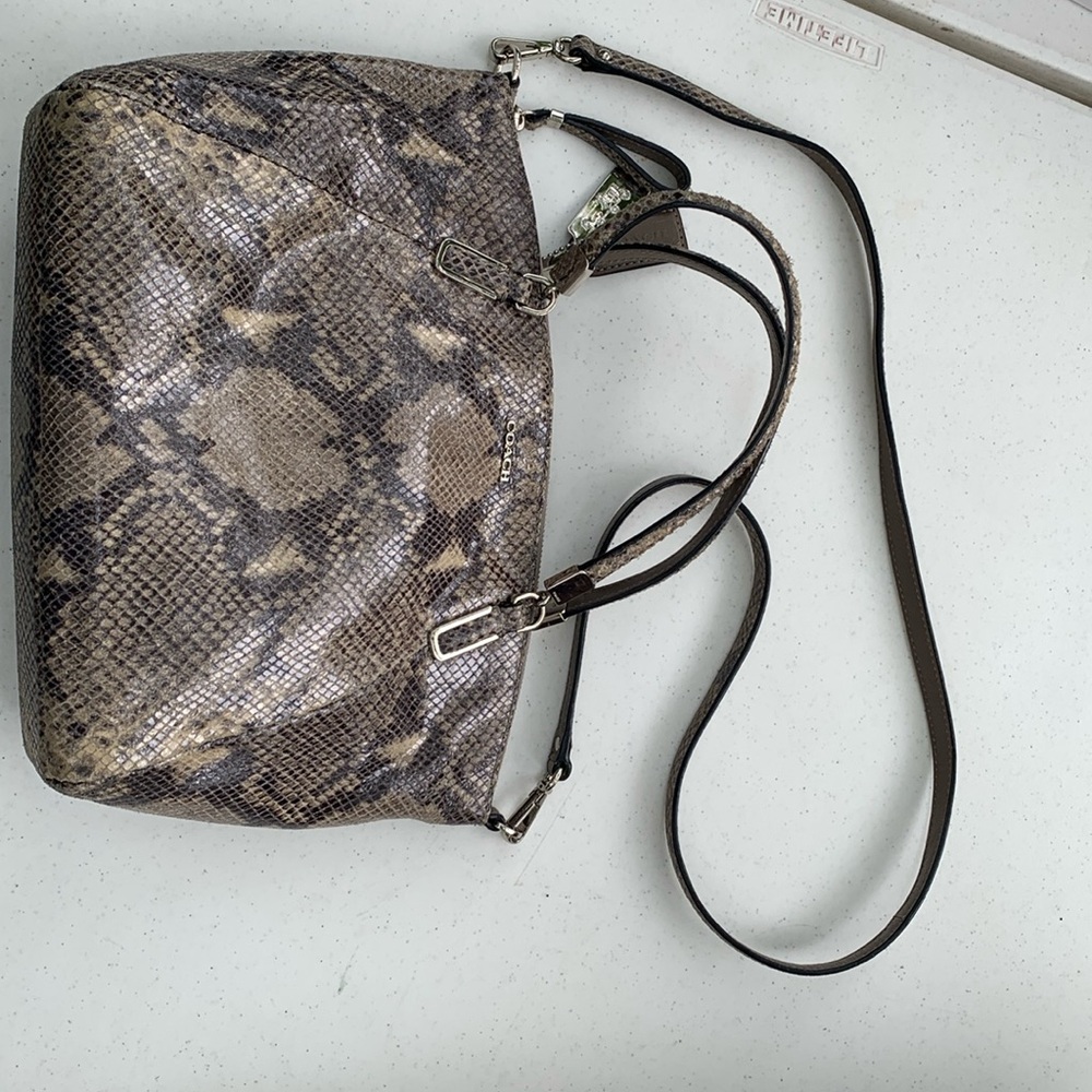 Women's Madison Kelsey Coach Satchel Bag with a gray snake print